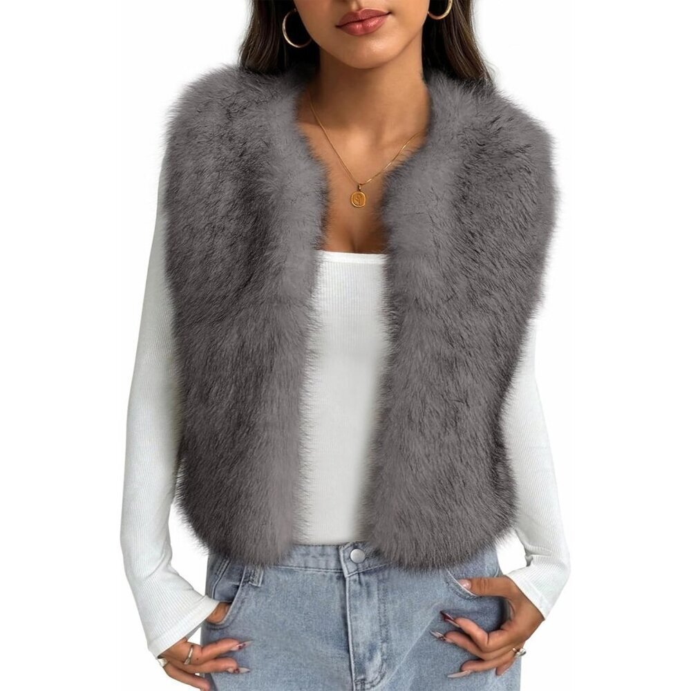 Women's Grey Faux Fur Vest Fall Fashion Sleeveless Fuzzy Jacket Fluffy Coats